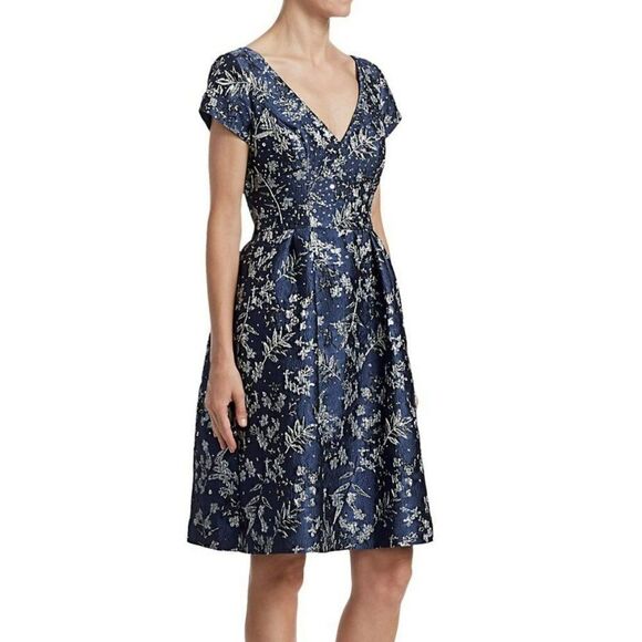Theia Metallic Floral Jacquard A-Line Dress Knee Length Beaded Sequin Blue 2 - Picture 2 of 15